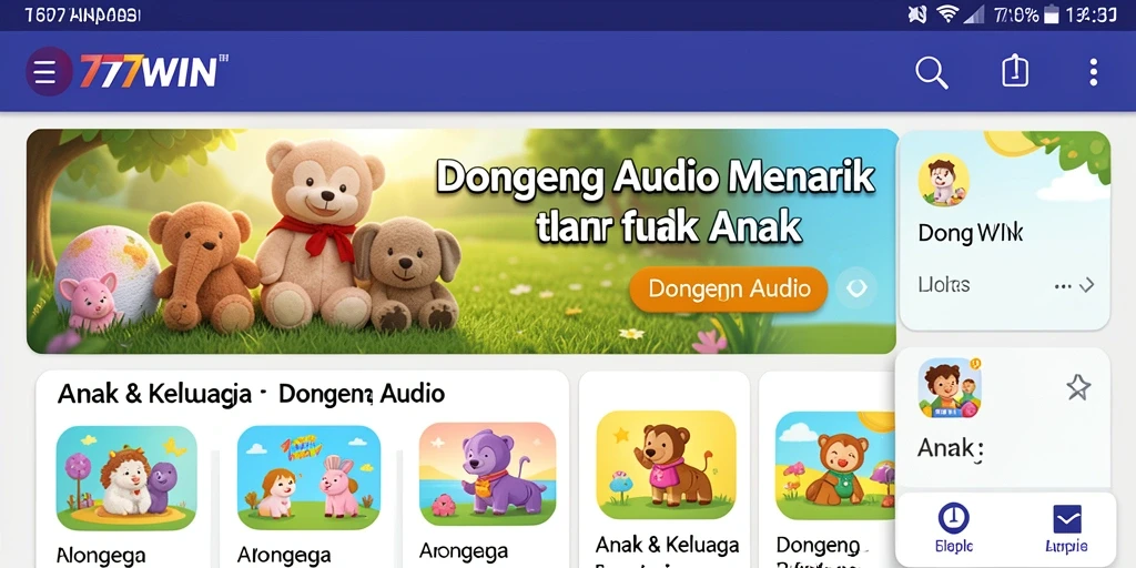 Antarmuka aplikasi 777WIN saat memutar dongeng audio untuk anak-anak.